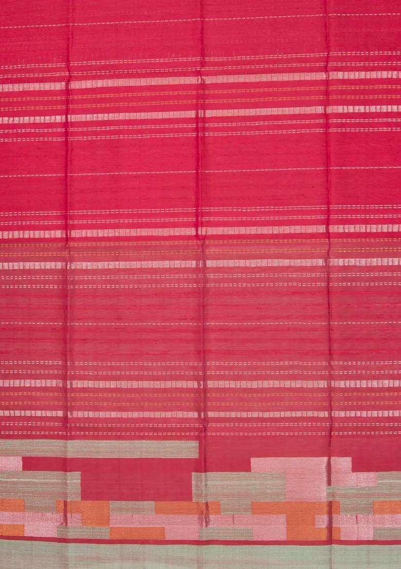Hot Pink Handloom Kora Soft Silk Saree With Stripes Contrast Border With Checks And Stripes Design For Women - Indya
