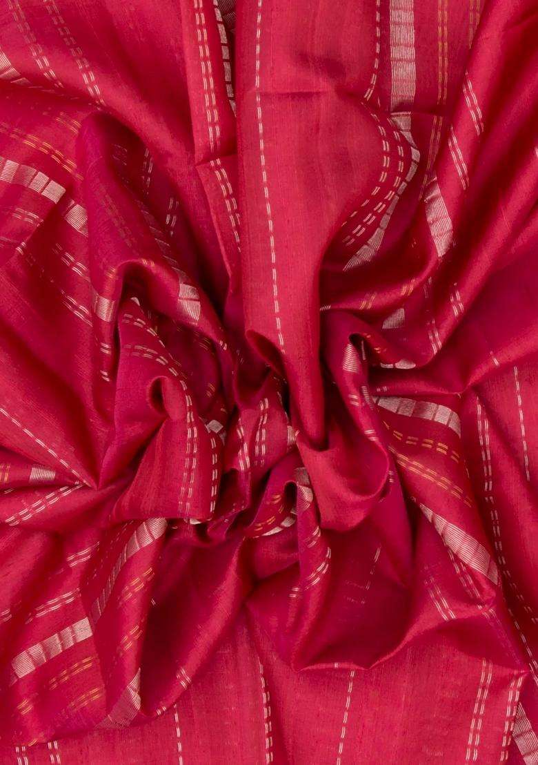 Hot Pink Handloom Kora Soft Silk Saree With Stripes Contrast Border With Checks And Stripes Design For Women - Indya