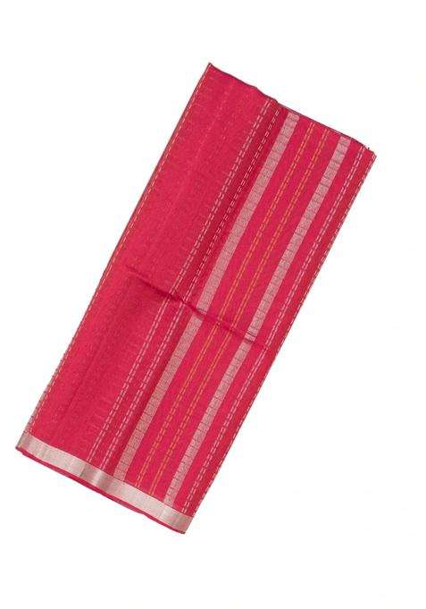 Hot Pink Handloom Kora Soft Silk Saree With Stripes Contrast Border With Checks And Stripes Design For Women