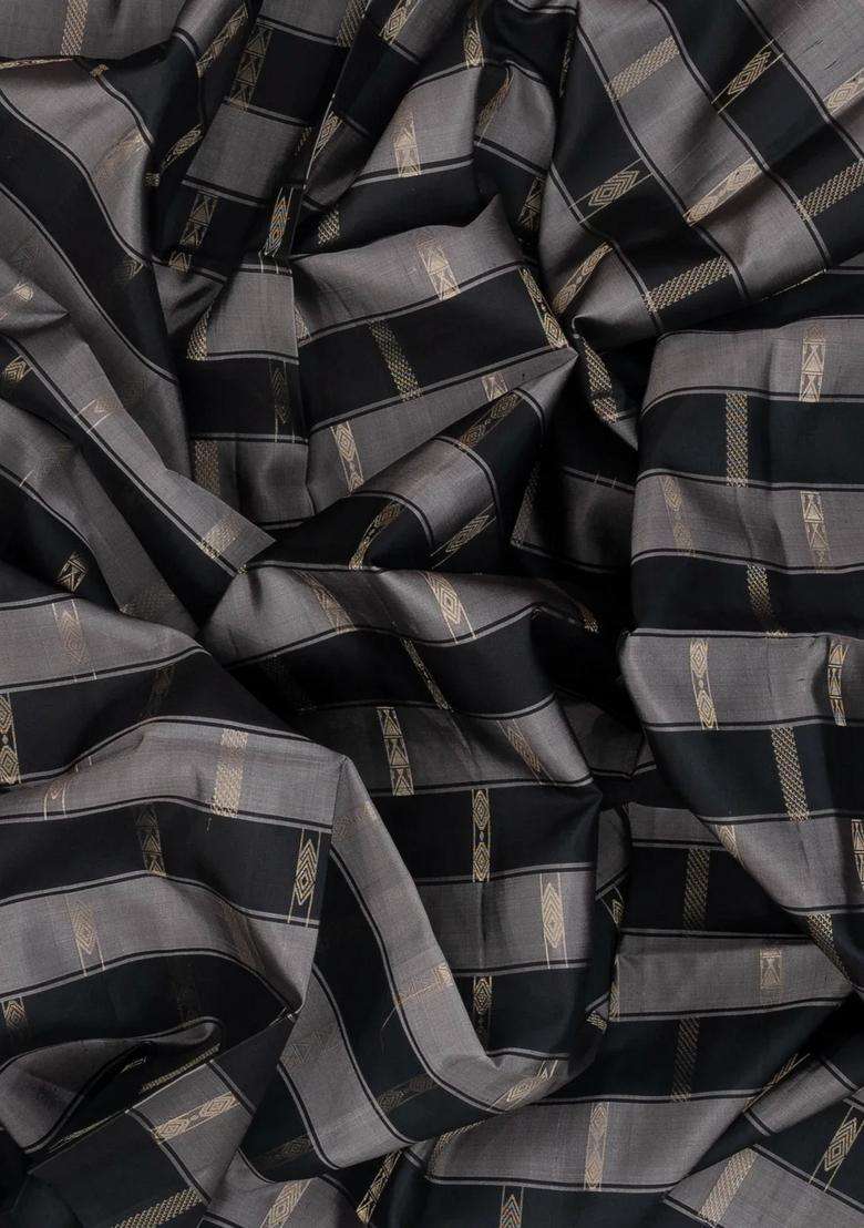 Black Grey Handloom Soft Silk Saree With Dotted Stripes With Checks And Stripes Design For Women - Indya