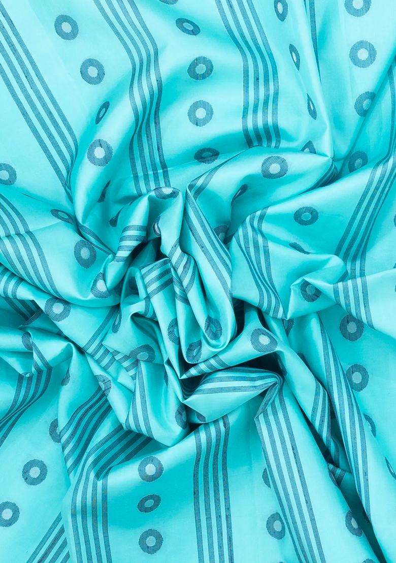 Turquoise Handloom Soft Silk Saree With Stripes Buttas With Buttas And Brocade Design For Women - Indya