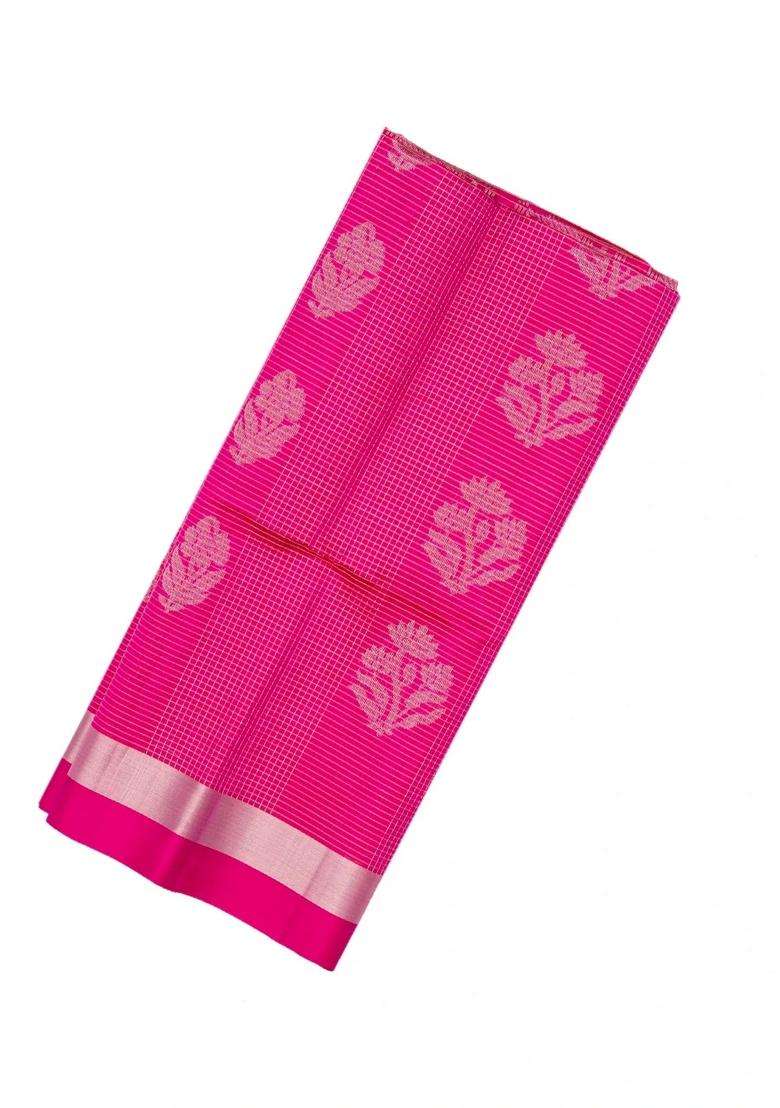Hot Pink Handloom Soft Silk Saree With Buttas Zari Checks With Buttas And Brocade Design For Women - Indya