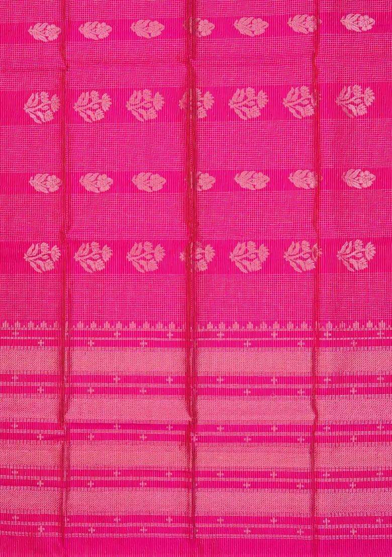 Hot Pink Handloom Soft Silk Saree With Buttas Zari Checks With Buttas And Brocade Design For Women - Indya