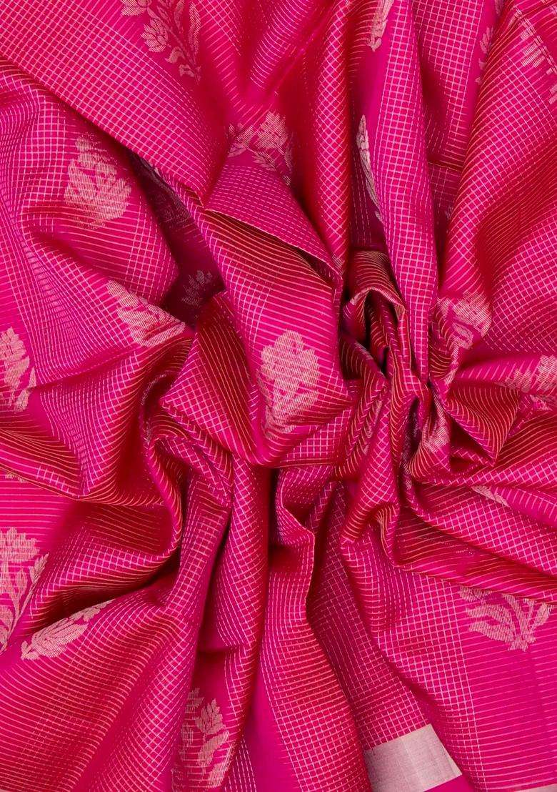 Hot Pink Handloom Soft Silk Saree With Buttas Zari Checks With Buttas And Brocade Design For Women - Indya
