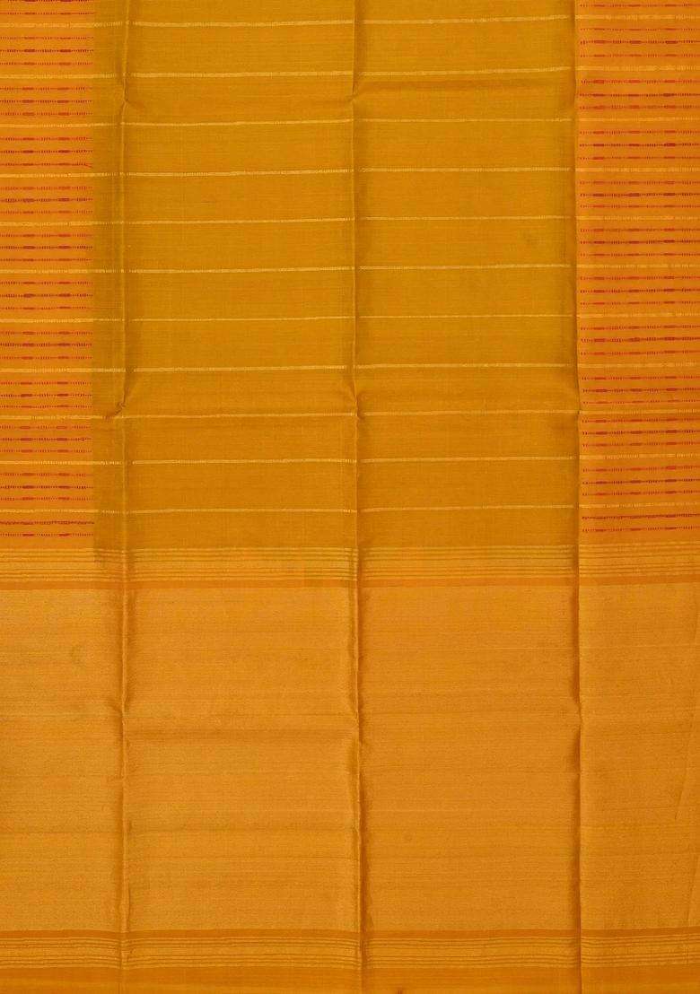 Mustard Handloom Kora Soft Silk Saree With Stripes With Checks And Stripes Design For Women - Indya