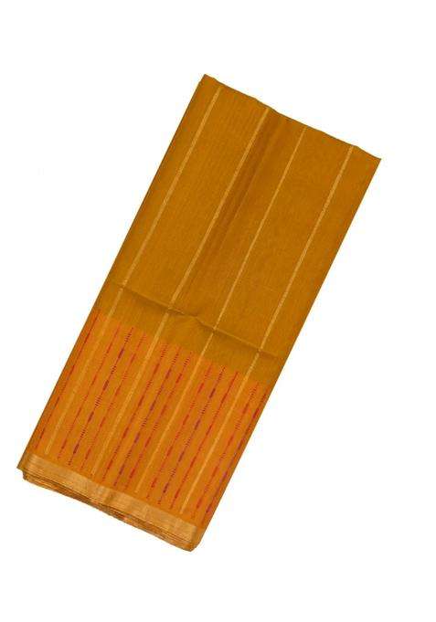 Mustard Handloom Kora Soft Silk Saree With Stripes With Checks And Stripes Design For Women