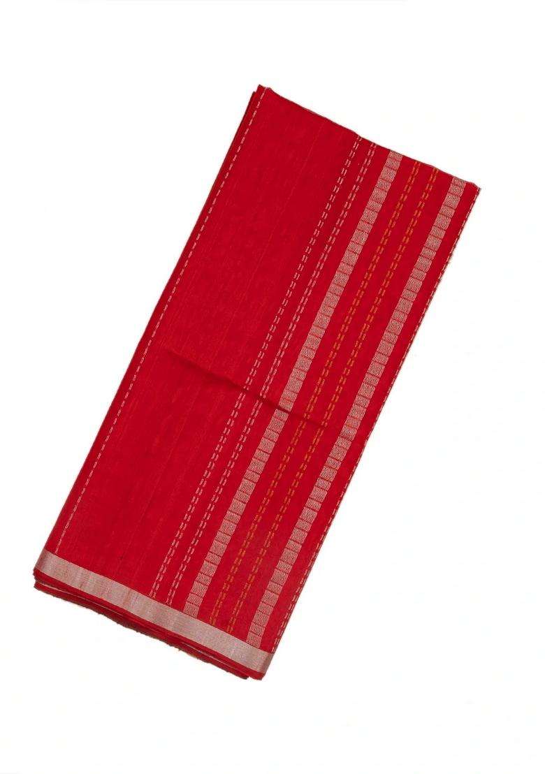 Red Handloom Soft Silk Saree With Stripes Geometric Pallu With Checks And Stripes Design For Women - Indya