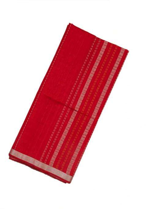 Red Handloom Soft Silk Saree With Stripes Geometric Pallu With Checks And Stripes Design For Women