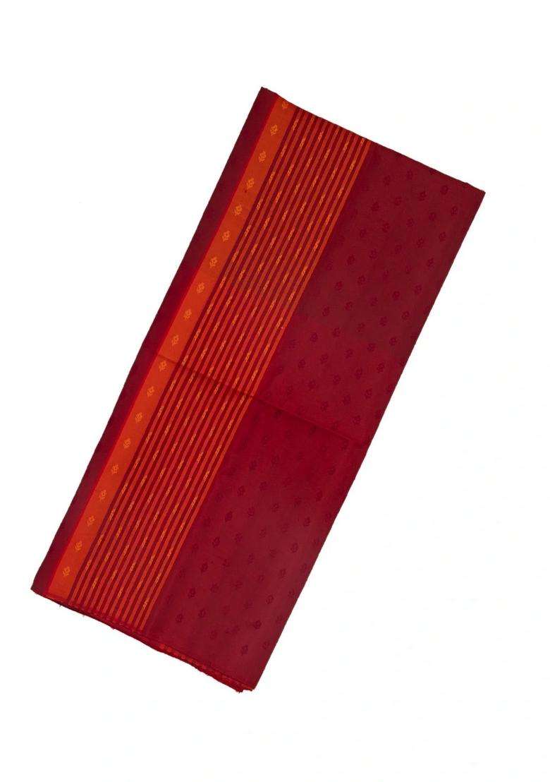 Crimson Handloom Soft Silk Saree With Stripes Floral Motifs With Checks And Stripes Design For Women - Indya