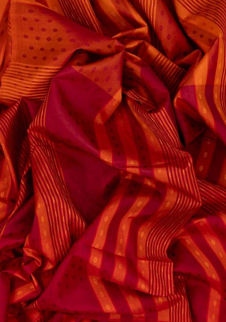 Crimson Handloom Soft Silk Saree With Stripes Floral Motifs With Checks And Stripes Design For Women - Indya