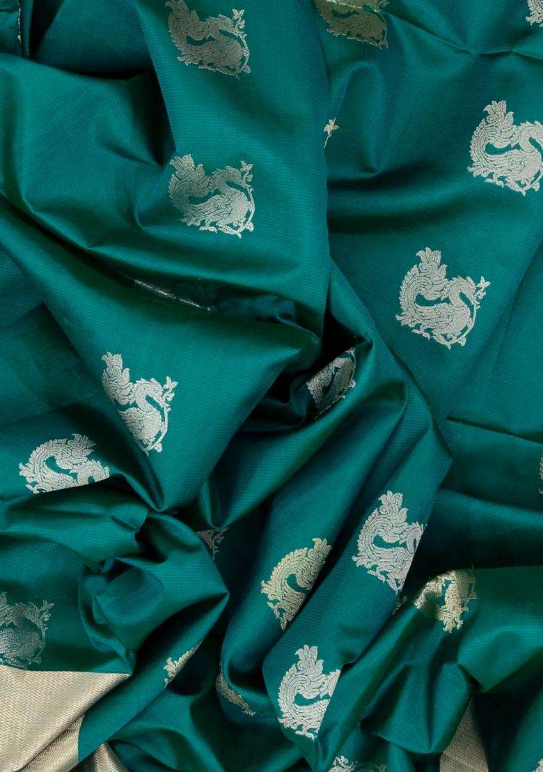 Sea Green Handloom Soft Silk Saree With Annam Buttas With Buttas And Brocade Design For Women - Indya