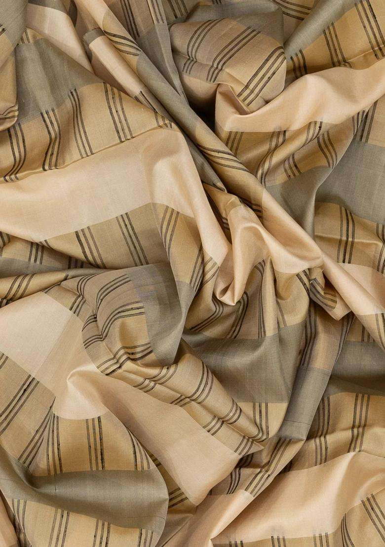 Beige Handloom Soft Silk Saree With Broken Stripes With Checks And Stripes Design For Women - Indya