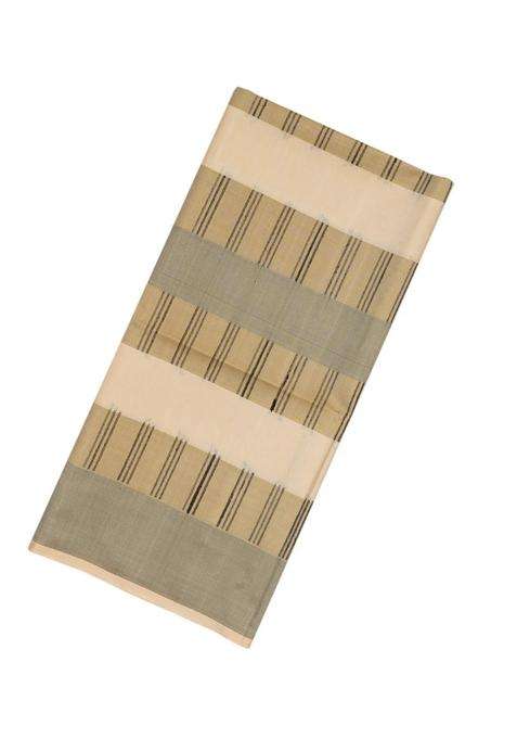 Beige Handloom Soft Silk Saree With Broken Stripes With Checks And Stripes Design For Women