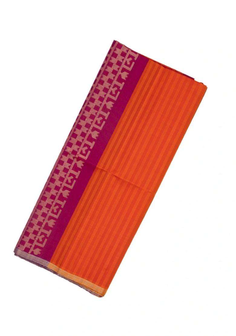 Magenta Orange Handloom Soft Silk Saree With Stripes With Checks And Stripes Design For Women - Indya