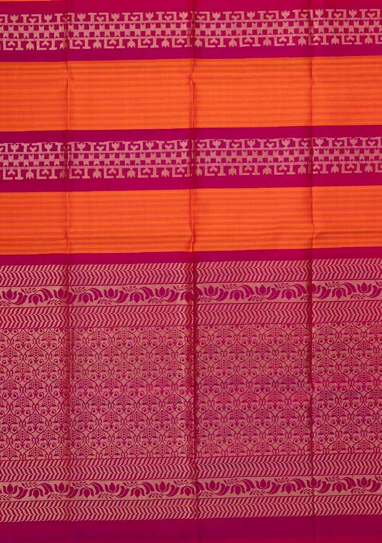 Magenta Orange Handloom Soft Silk Saree With Stripes With Checks And Stripes Design For Women - Indya