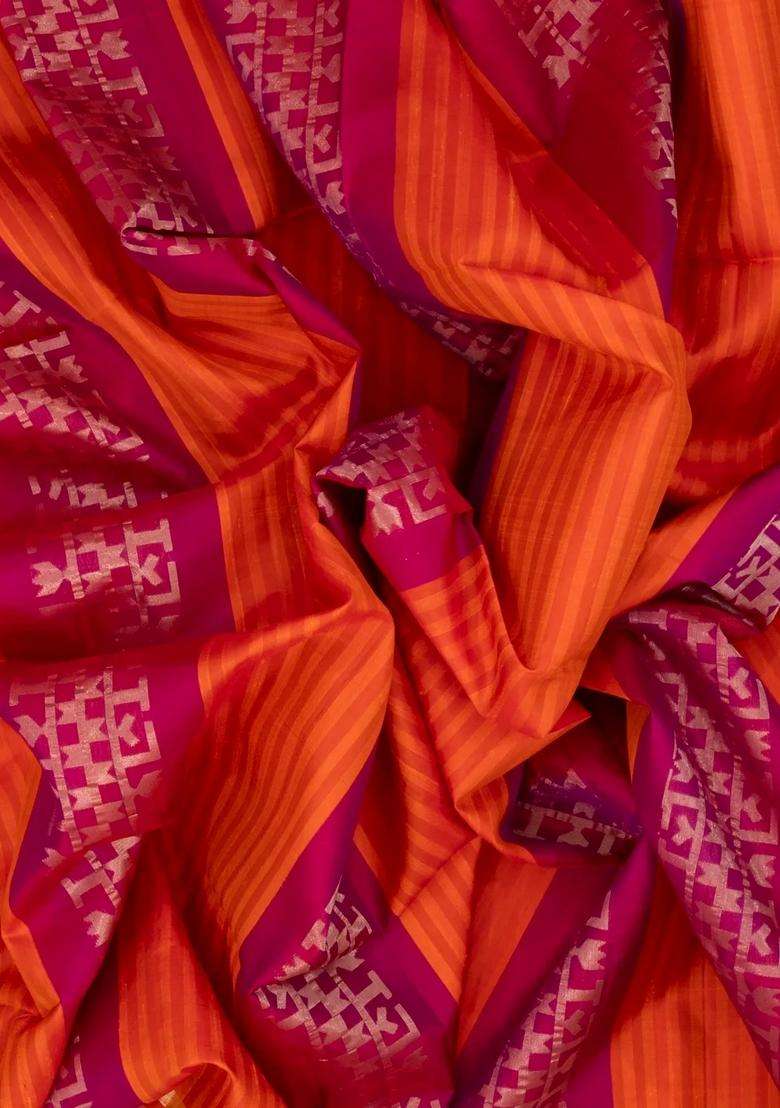 Magenta Orange Handloom Soft Silk Saree With Stripes With Checks And Stripes Design For Women - Indya