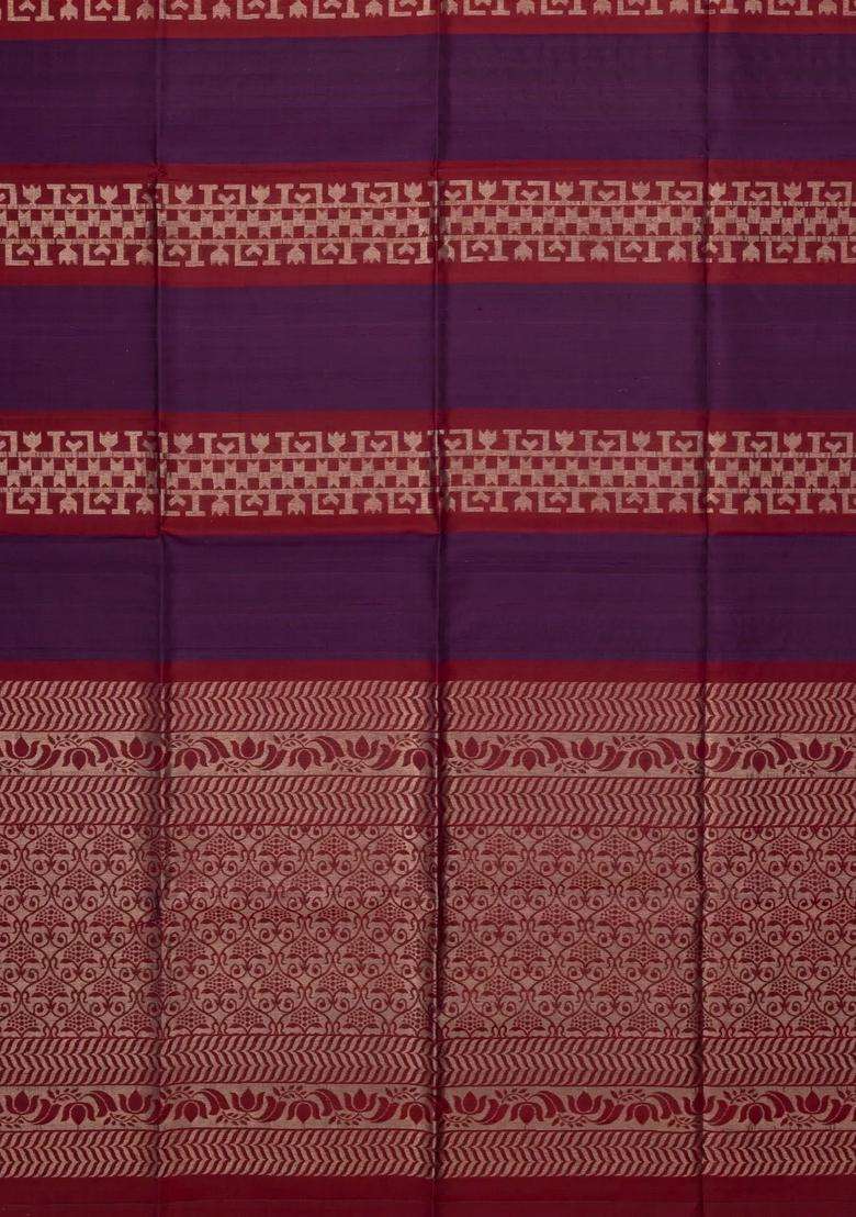 Purple Maroon Handloom Soft Silk Saree With Stripes With Checks And Stripes Design For Women - Indya