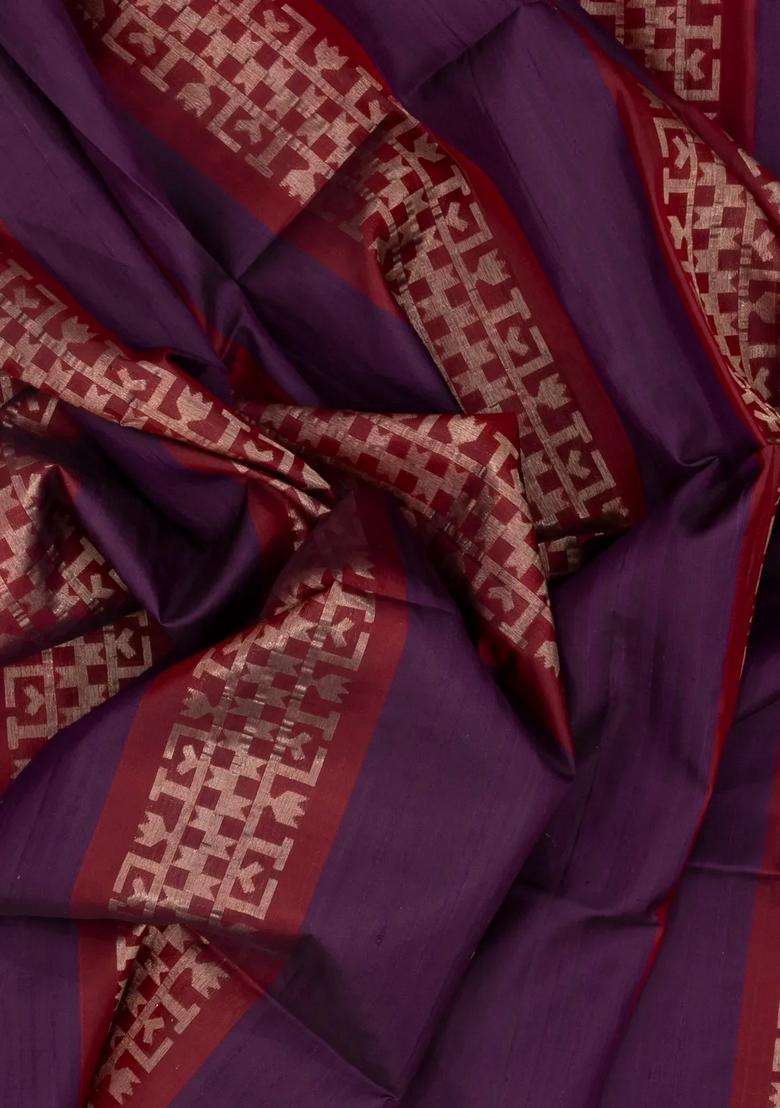 Purple Maroon Handloom Soft Silk Saree With Stripes With Checks And Stripes Design For Women - Indya