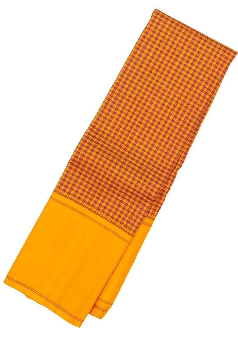 Mustard Handloom Korvai Kanchipuram Silk Saree With Ganga Jamuna Border With Korvai And Temple Border Design For Women - Indya