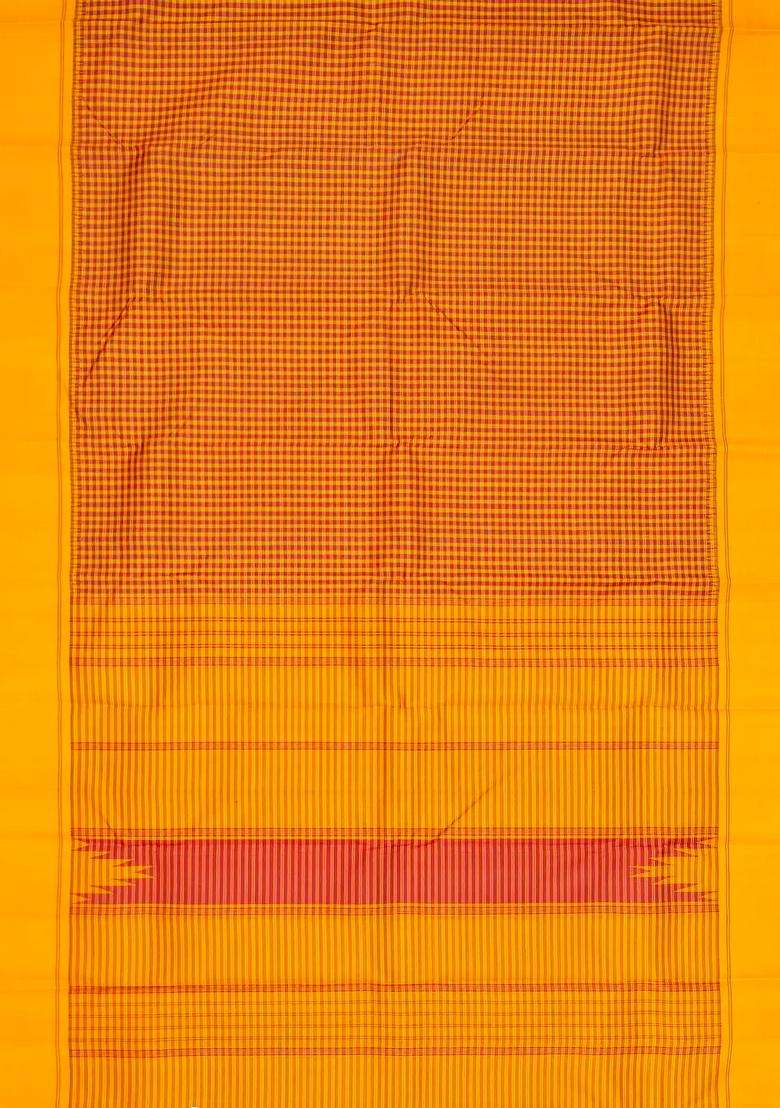 Mustard Handloom Korvai Kanchipuram Silk Saree With Ganga Jamuna Border With Korvai And Temple Border Design For Women - Indya