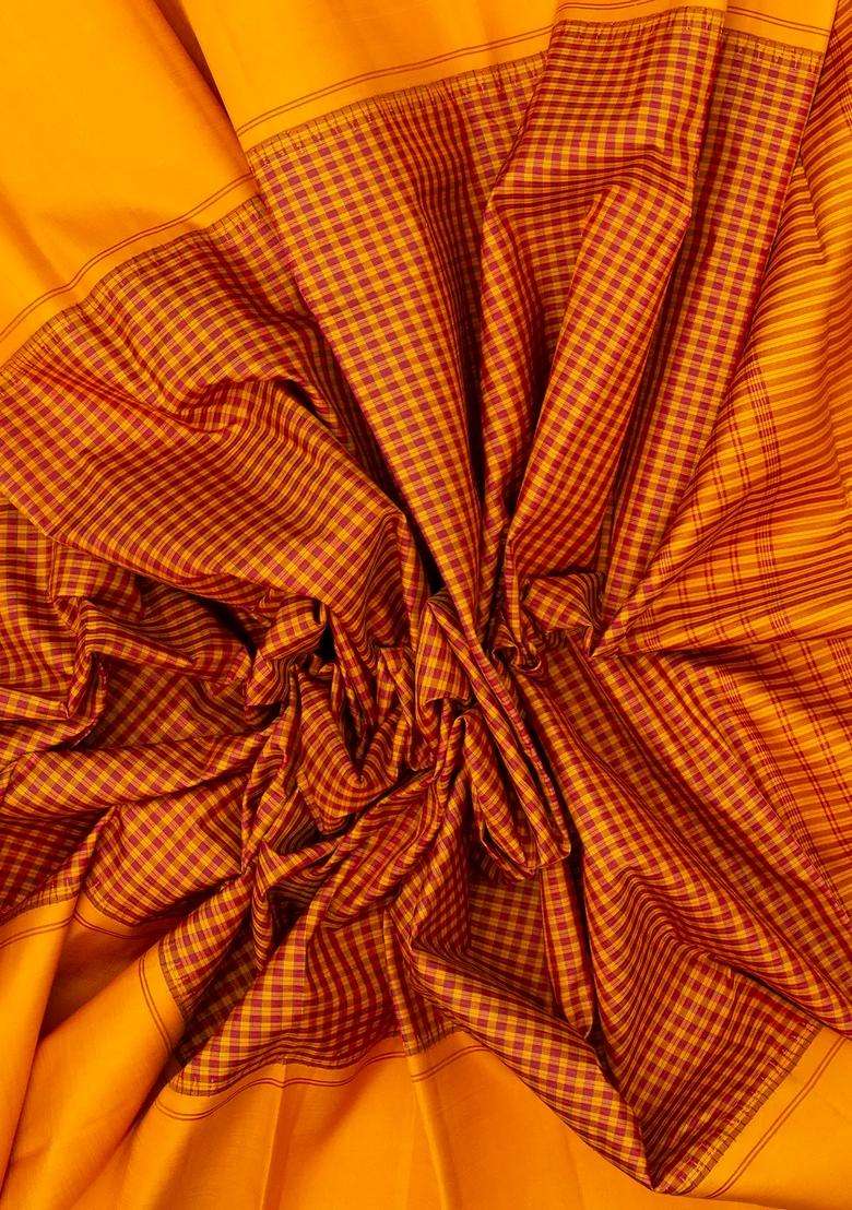 Mustard Handloom Korvai Kanchipuram Silk Saree With Ganga Jamuna Border With Korvai And Temple Border Design For Women - Indya
