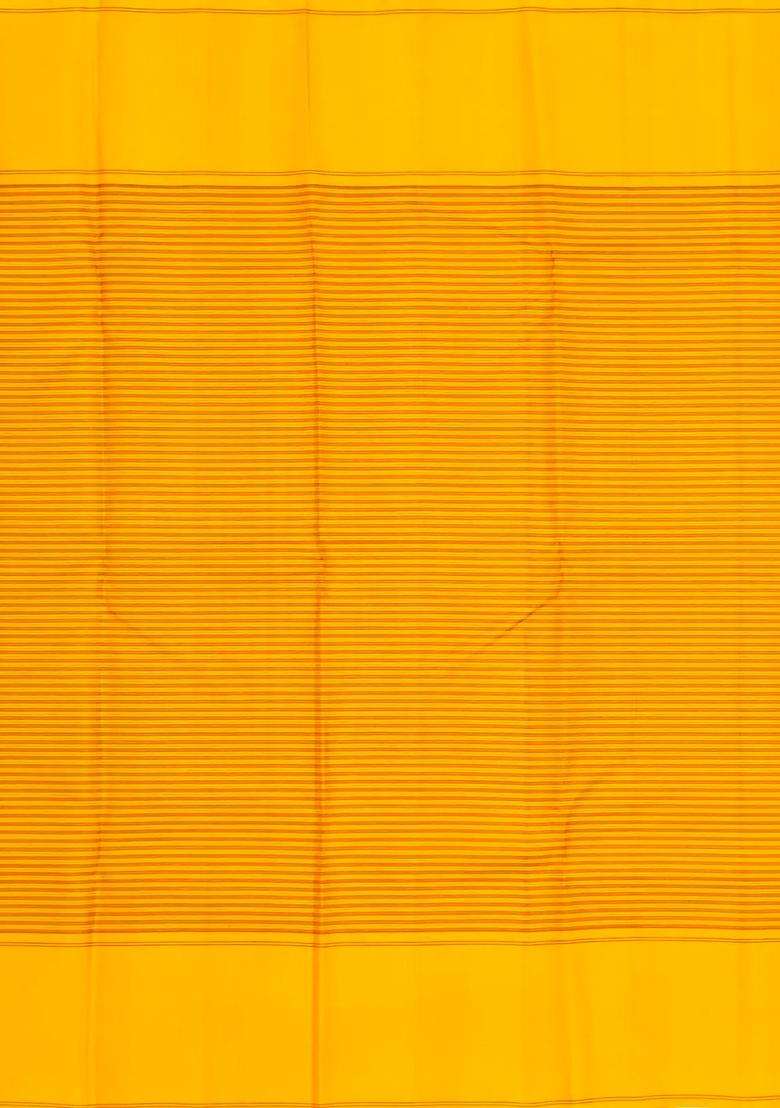 Mustard Handloom Korvai Kanchipuram Silk Saree With Ganga Jamuna Border With Korvai And Temple Border Design For Women - Indya
