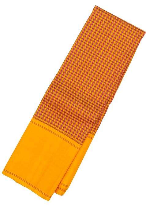 Mustard Handloom Korvai Kanchipuram Silk Saree With Ganga Jamuna Border With Korvai And Temple Border Design For Women