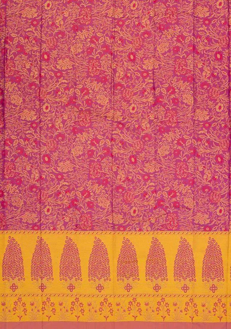 Magenta Handloom Soft Silk Saree With Floral Vine Motifs With Buttas And Brocade Design For Women - Indya