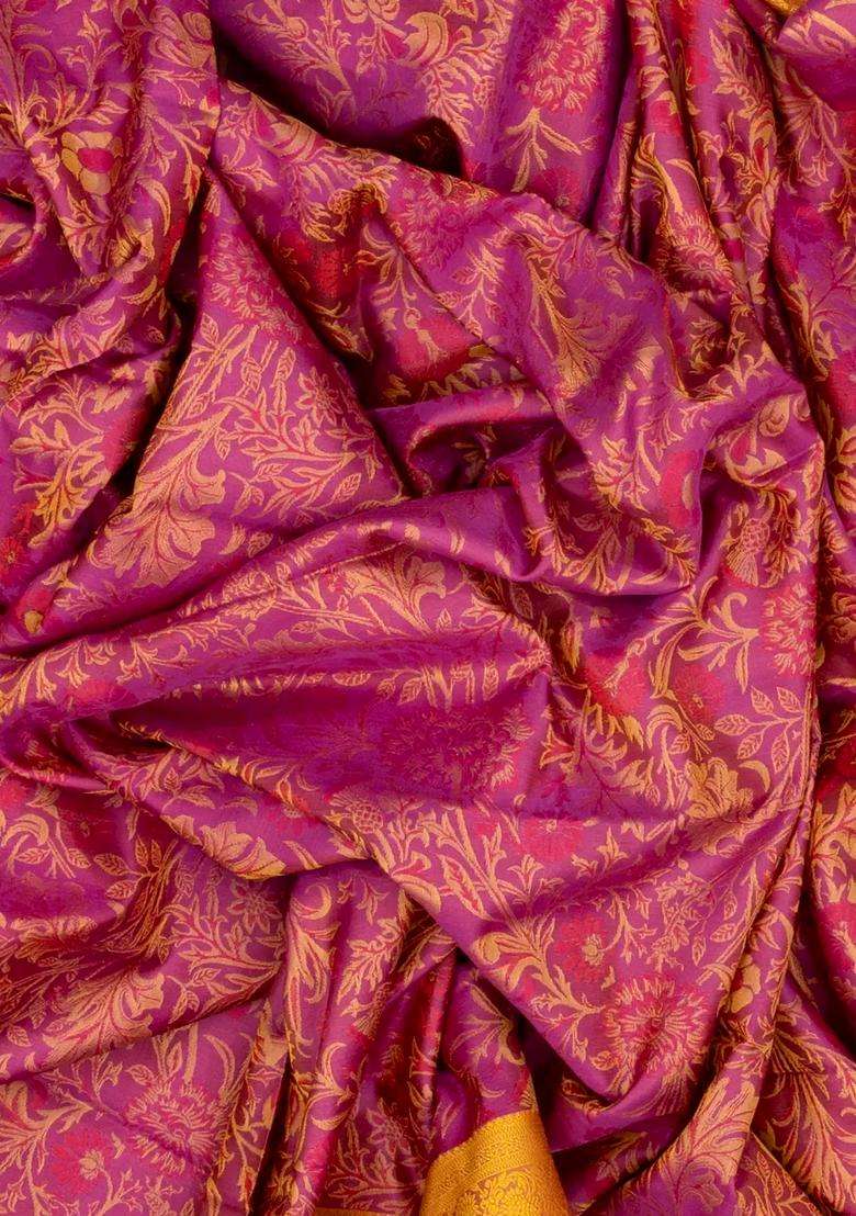 Magenta Handloom Soft Silk Saree With Floral Vine Motifs With Buttas And Brocade Design For Women - Indya