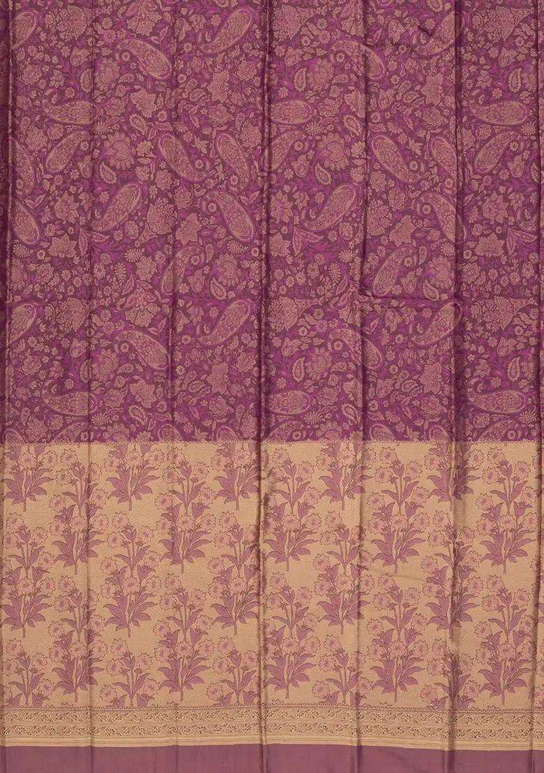 Lilac Handloom Soft Silk Saree With Floral Vine Motifs With Buttas And Brocade Design For Women - Indya