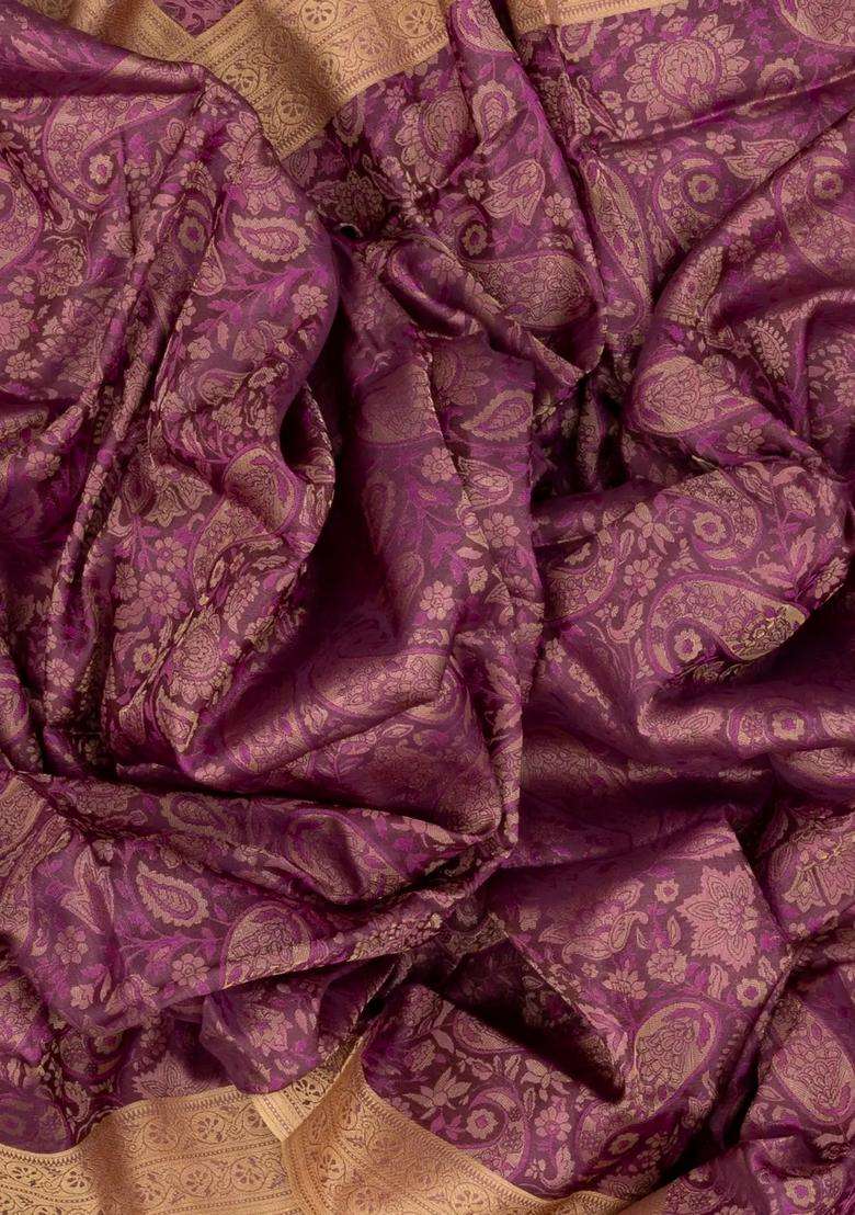 Lilac Handloom Soft Silk Saree With Floral Vine Motifs With Buttas And Brocade Design For Women - Indya