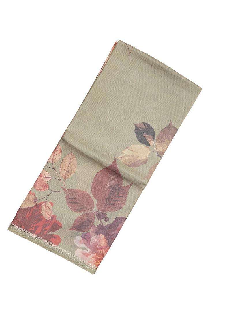 Taupe Handloom Tussar Silk Saree With Printed Floral Motifs For Women - Indya