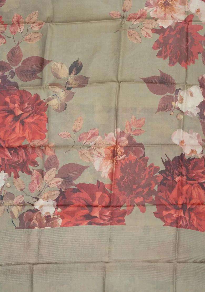 Taupe Handloom Tussar Silk Saree With Printed Floral Motifs For Women - Indya