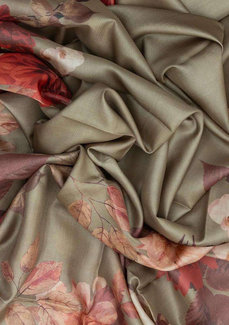 Taupe Handloom Tussar Silk Saree With Printed Floral Motifs For Women - Indya