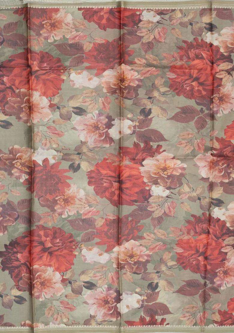 Taupe Handloom Tussar Silk Saree With Printed Floral Motifs For Women - Indya