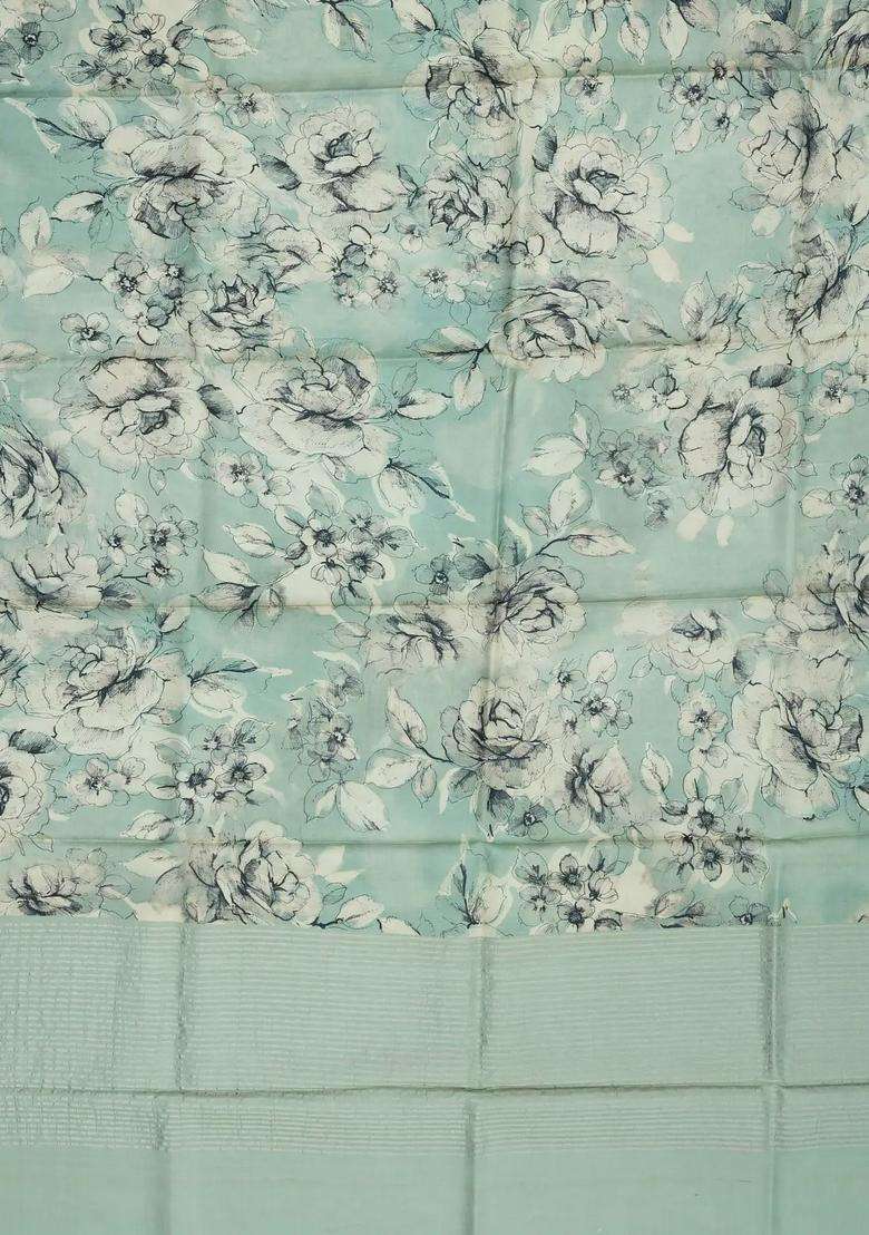 Cardamom Green Handloom Tussar Silk Saree With Printed Floral Motifs For Women - Indya