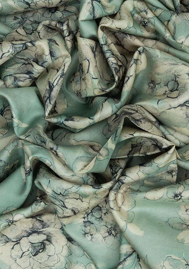 Cardamom Green Handloom Tussar Silk Saree With Printed Floral Motifs For Women - Indya