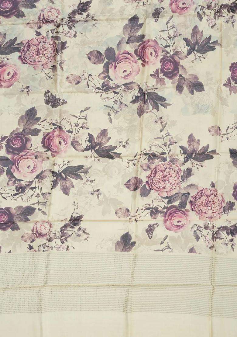 Cream Handloom Tussar Silk Saree With Printed Floral Motifs For Women - Indya