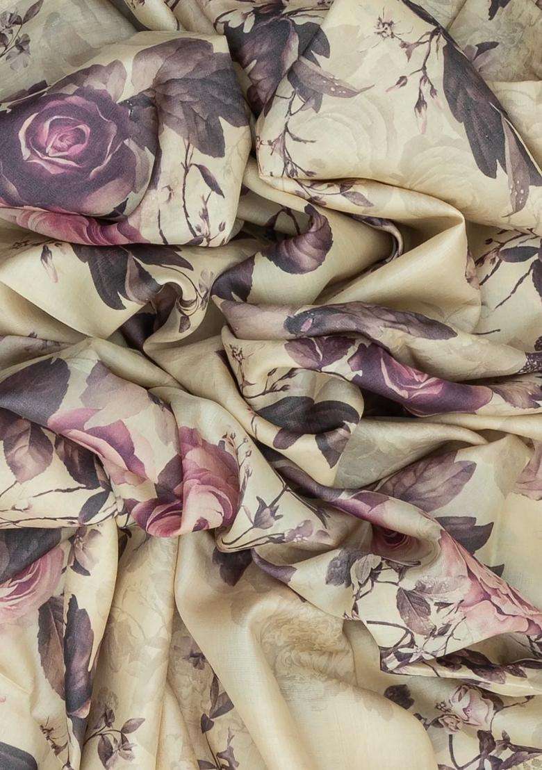 Cream Handloom Tussar Silk Saree With Printed Floral Motifs For Women - Indya
