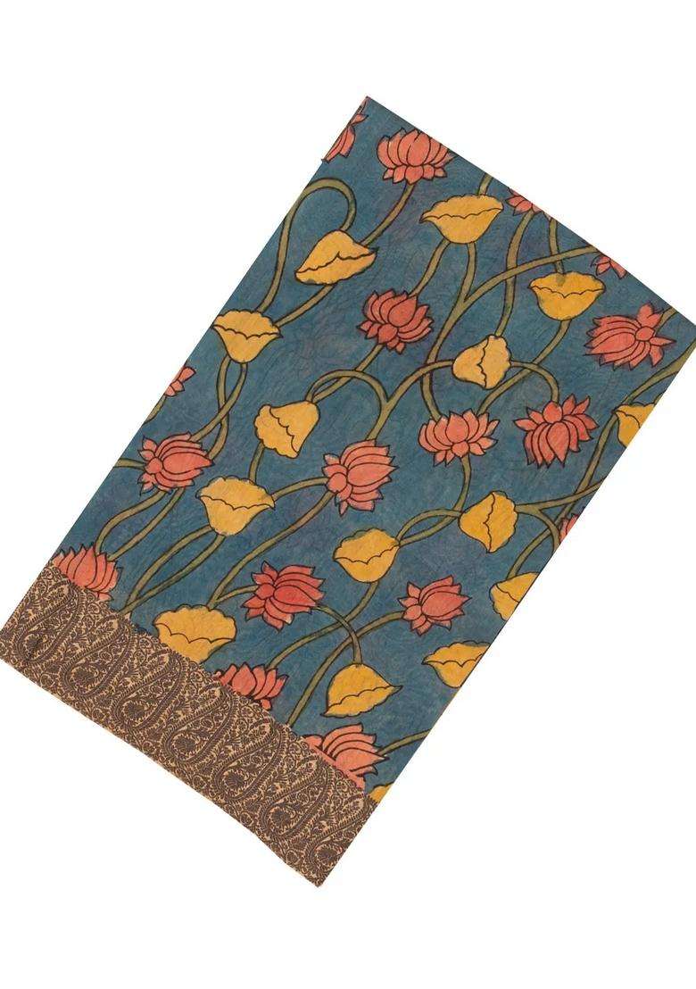 Blue Handloom Tussar Silk Saree With Printed Kalamkari Motifs For Women - Indya