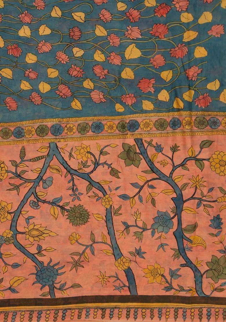Blue Handloom Tussar Silk Saree With Printed Kalamkari Motifs For Women - Indya