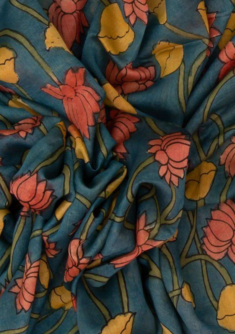 Blue Handloom Tussar Silk Saree With Printed Kalamkari Motifs For Women - Indya