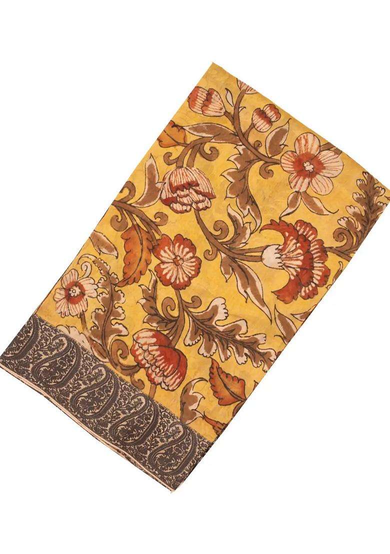 Yellow Handloom Tussar Silk Saree With Printed Kalamkari Motifs For Women - Indya
