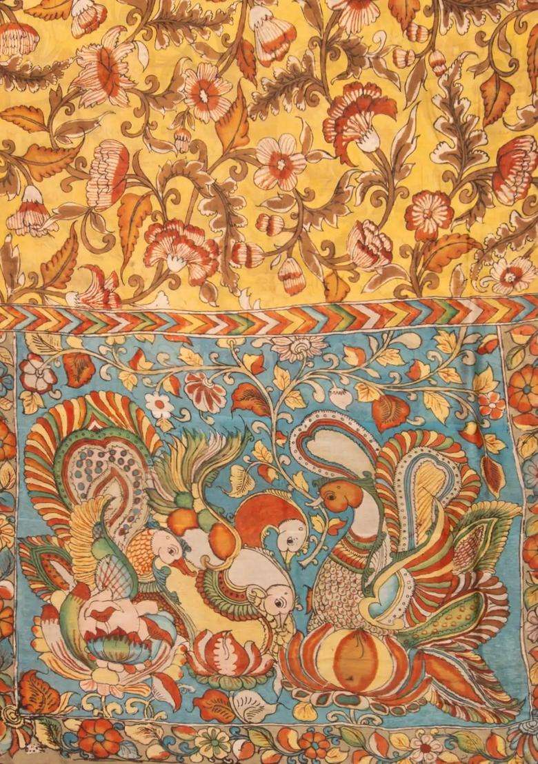Yellow Handloom Tussar Silk Saree With Printed Kalamkari Motifs For Women - Indya