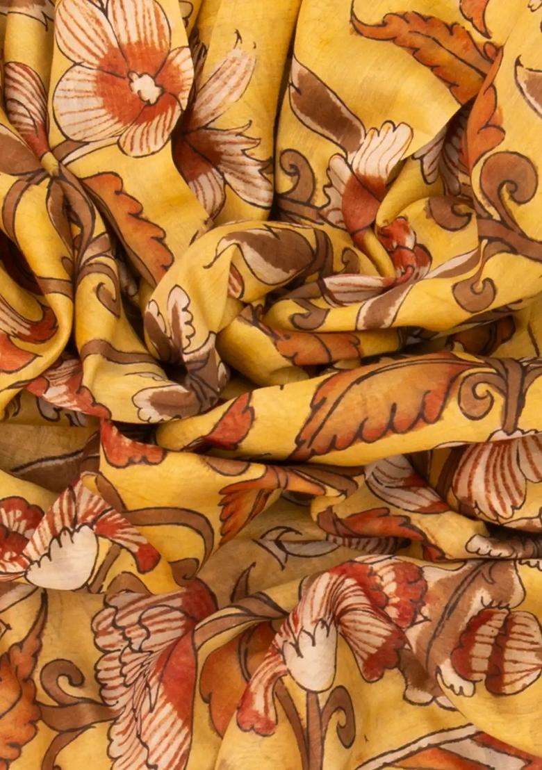 Yellow Handloom Tussar Silk Saree With Printed Kalamkari Motifs For Women - Indya