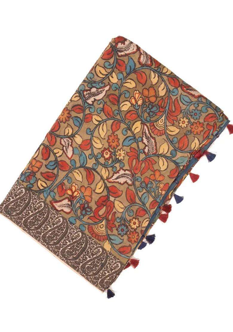 Beige Handloom Tussar Silk Saree With Printed Kalamkari Motifs For Women - Indya