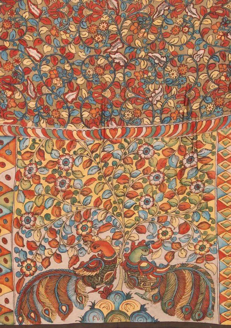 Beige Handloom Tussar Silk Saree With Printed Kalamkari Motifs For Women - Indya
