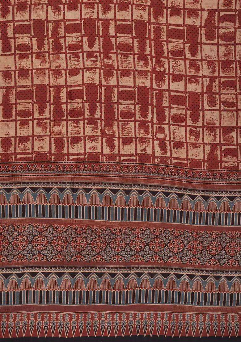 Brown Handloom Chanderi Cotton Saree With Printed Check Motifs For Women - Indya