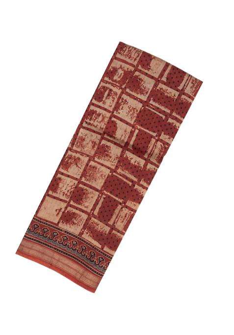 Brown Handloom Chanderi Cotton Saree With Printed Check Motifs For Women