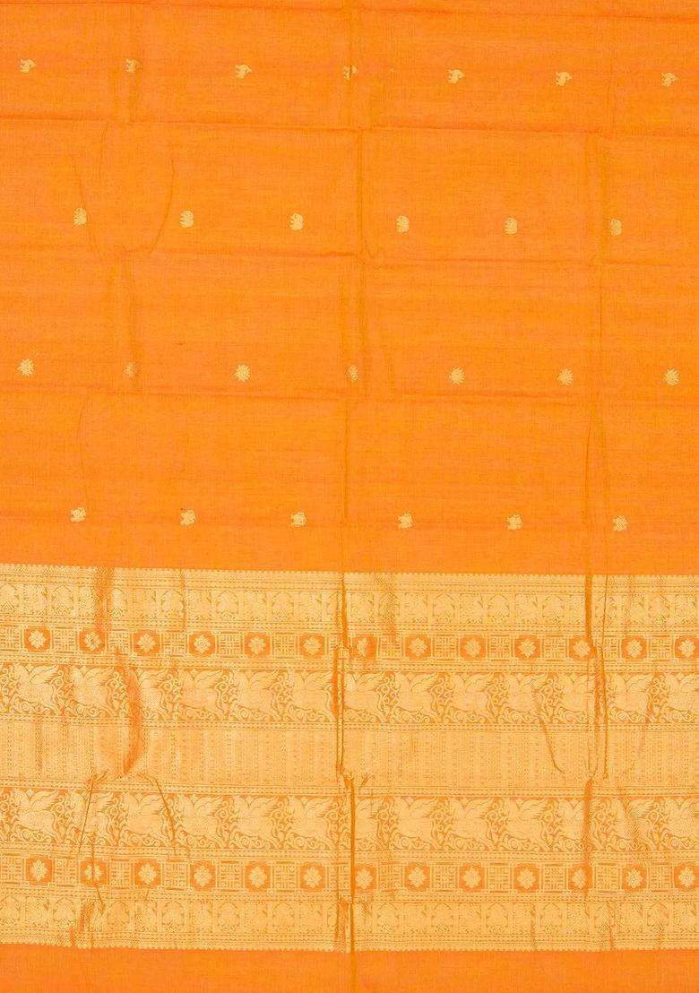Mango Yellow Handloom Kanchi Cotton Saree With Yazhi Buttas With Buttas And Brocade Design For Women - Indya